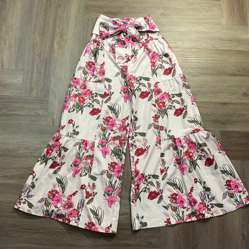 Floral Wide Leg Palazzo Tiered Rose Ruffle High Waist Pants Small White Pink Red